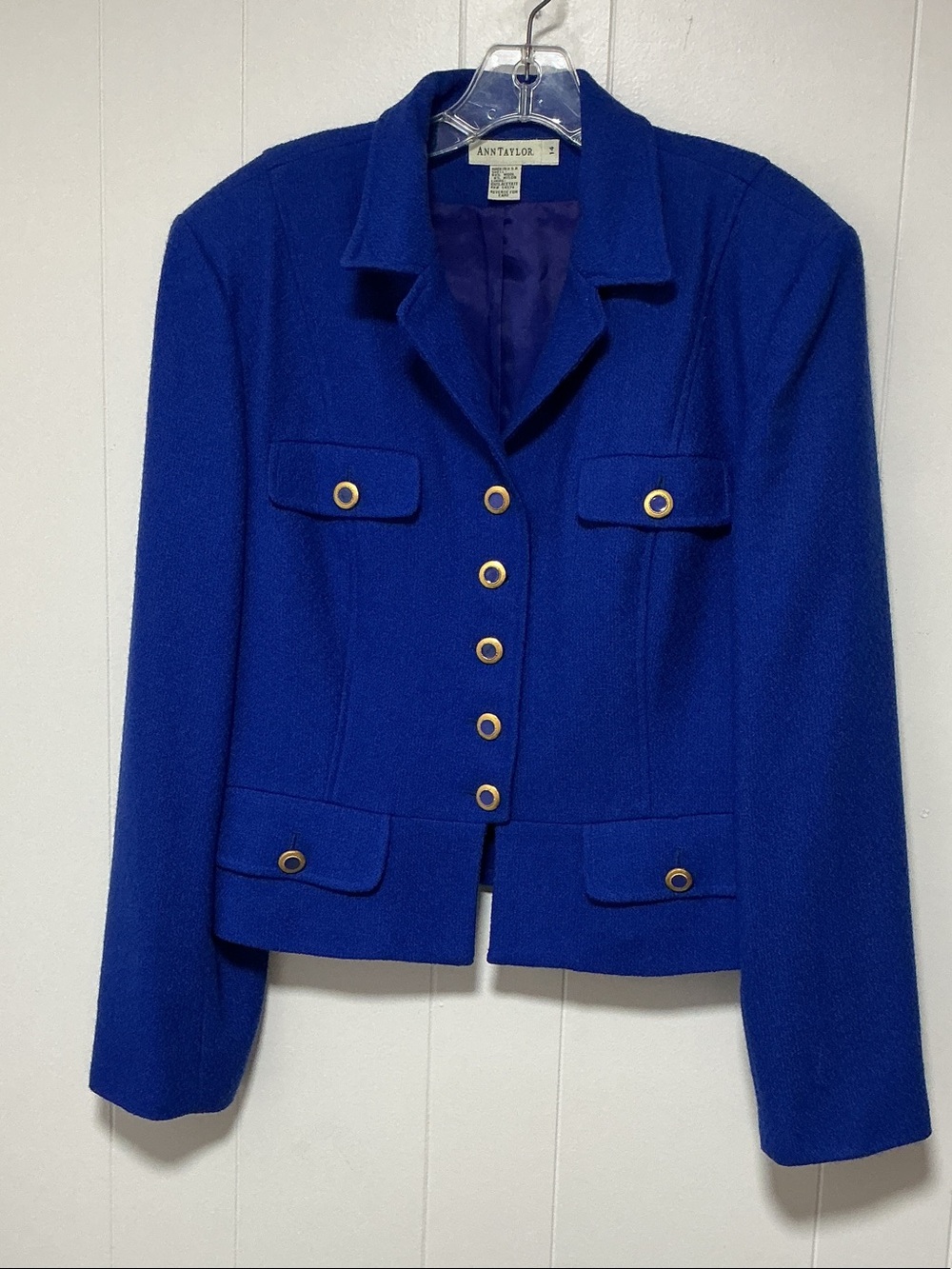 Ann Taylor Royal Blue Wool-Blend Cropped Blazer with Gold Buttons